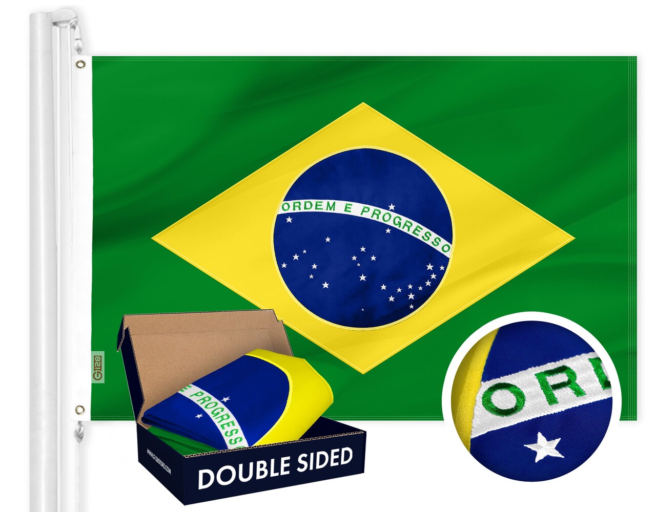 G128 Brazil (Brazilian) Flag | 3x5 feet | Double Sided Embroidered 210D Indoor/Outdoor, Brass Grommets, Heavy Duty Polyester